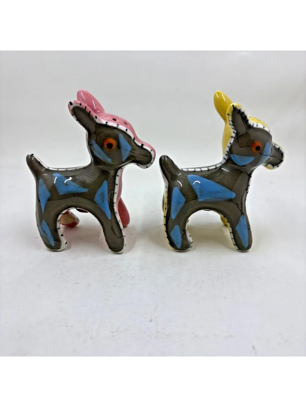 Vintage Napco Donkey Mule Salt Pepper Shakers Pink Yellow Quilted